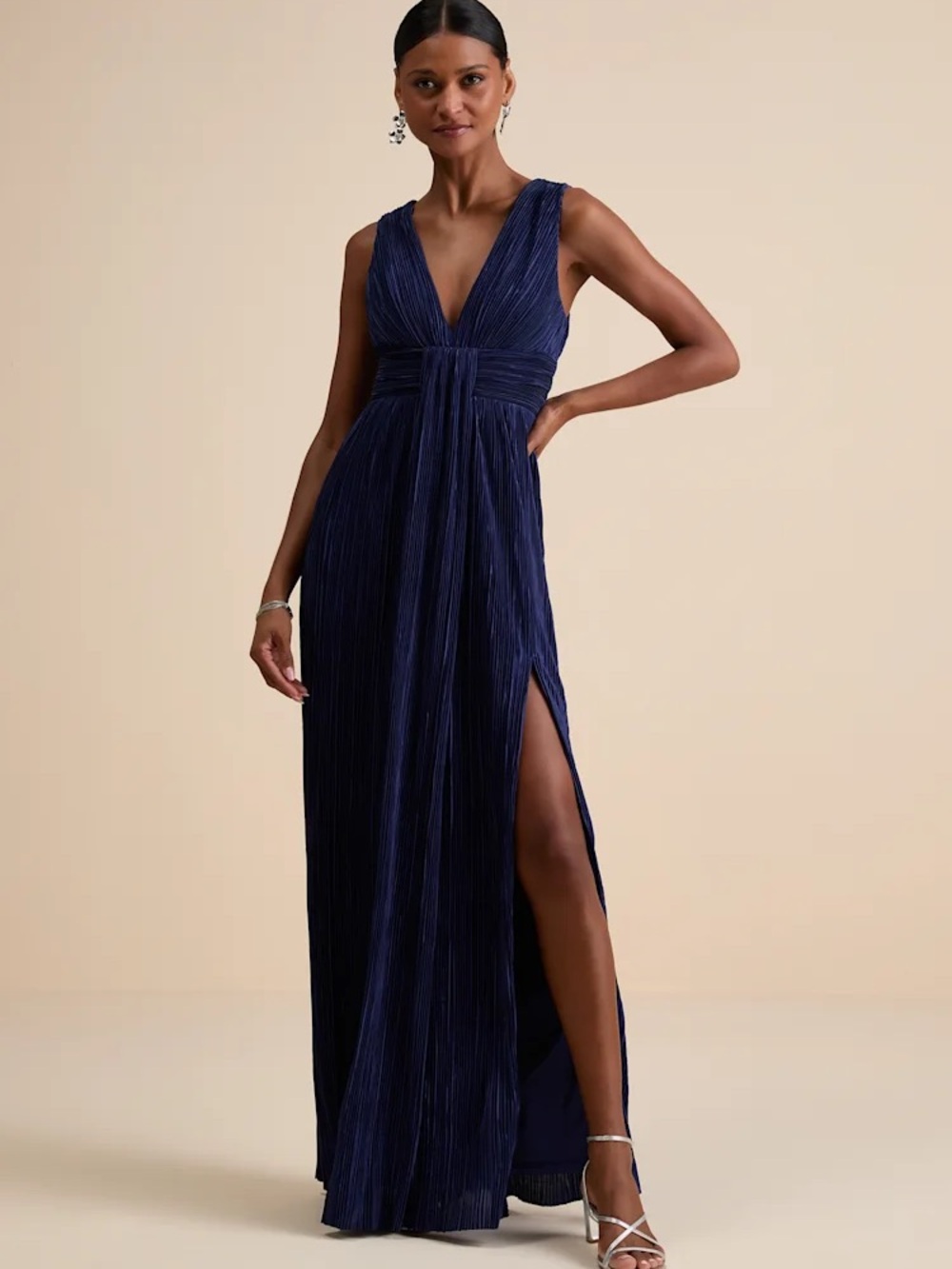 Melitta Navy Blue Plisse Sash Maxi Dress